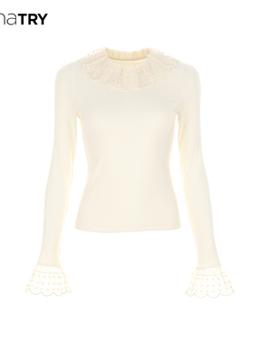 wana try刺绣花边领口宫廷感打底衫25秋新品米白色韩系百搭上衣女