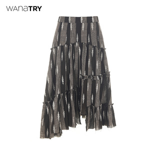 咖色百搭复古半裙 新品 wana try亚麻波嬉感不规则摆中长裙2025秋季