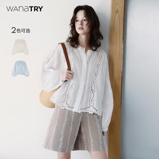 try100%苎麻法式 新品 泡泡袖 26春季 简约百搭上衣女 镂空衬衫 wana