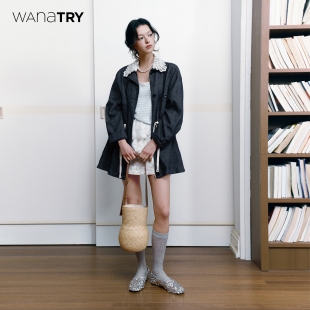蓝色休闲上衣女 新品 wana try亚麻巴恩风花边领收腰牛仔外套26春季
