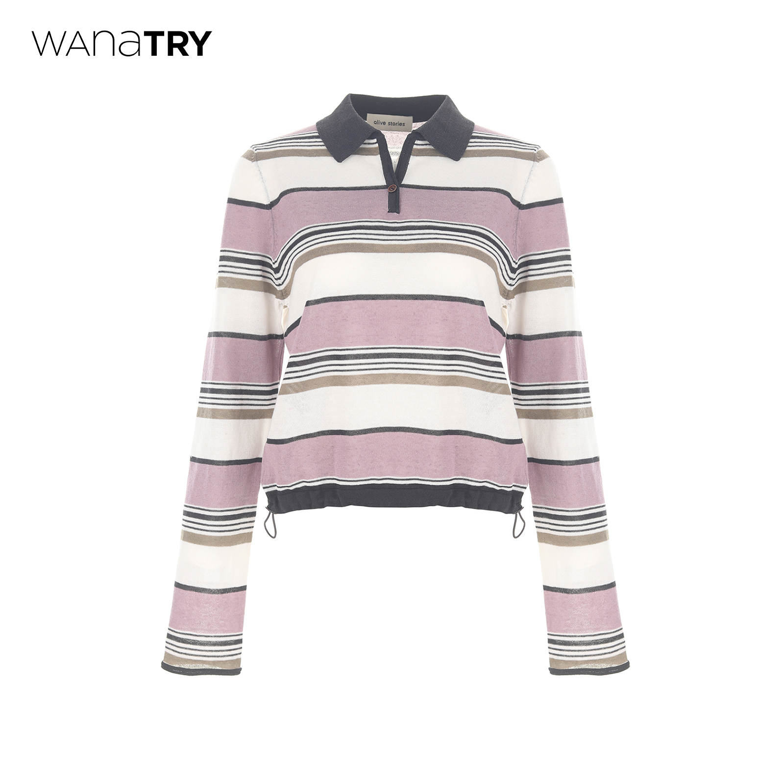 wanatry亚麻条纹Polo领针织衫女