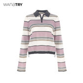 2025早秋新品 wana try亚麻条纹Polo领针织衫 紫色韩系时髦休闲上衣