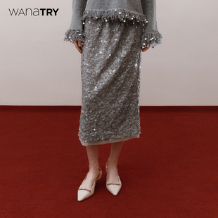 哑灰色气质温柔半裙女 新品 wana try亮片松紧腰高弹中长裙2025冬季