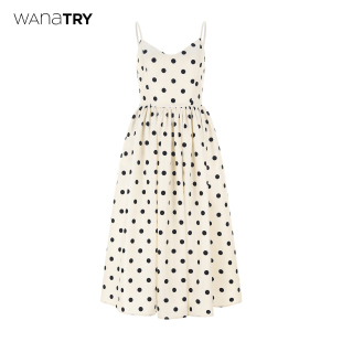 try赫本风波点吊带裙夏新款 wana 奶白色收腰连衣裙女 明星同款