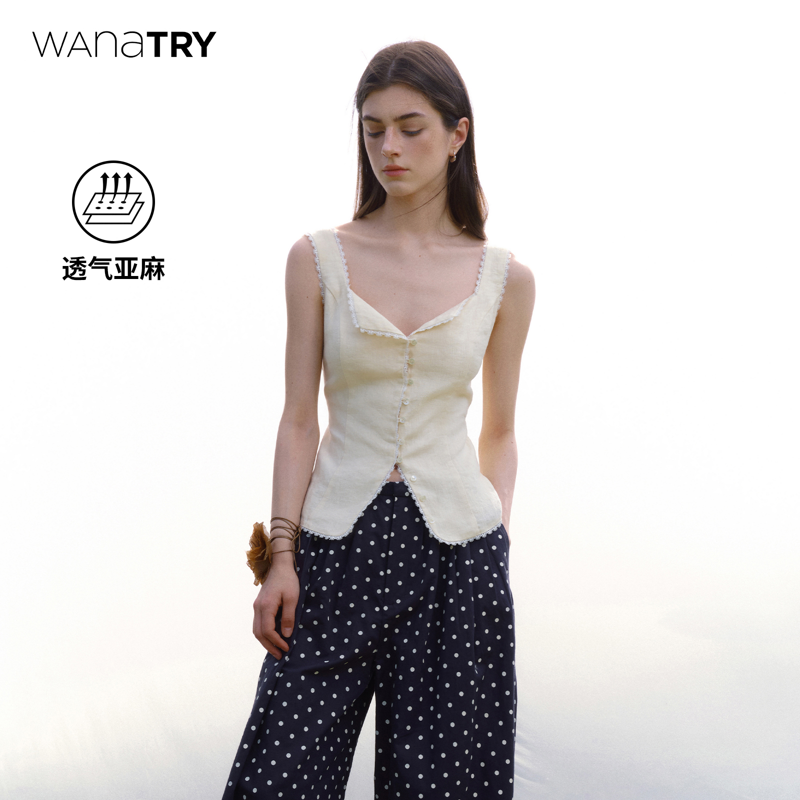 wanatry亚麻蕾丝收腰显瘦马甲女