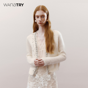 新品 2025冬季 奶白韩系简约上衣女 try马海毛羊毛重工钉珠开衫 wana