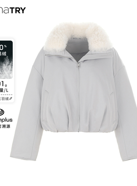wana try90白鹅绒可拆卸羊毛毛领短款羽绒服25冬新品灰色气质外套