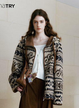 wana try游牧风柔软环保皮毛一体外套25秋新品印花休闲时髦上衣女