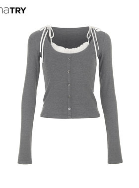 wana try领口装饰柔软打底上衣2025新品深灰色简约百搭上衣