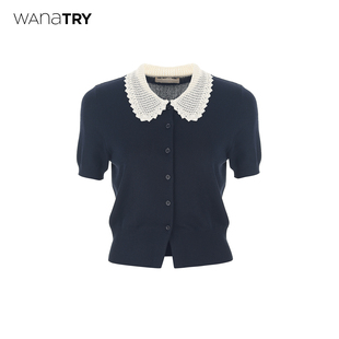 藏青色精致韩系针织短袖 wana 新品 2026春季 trymiu系钩花领针织衫