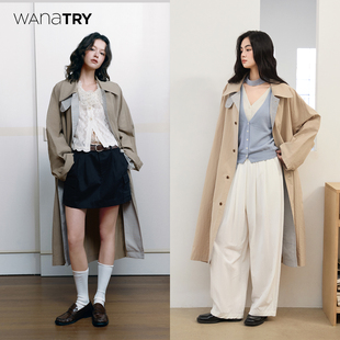 wana 燕麦色休闲百搭外套女 try立领拼格纹廓形英伦感风衣春新品