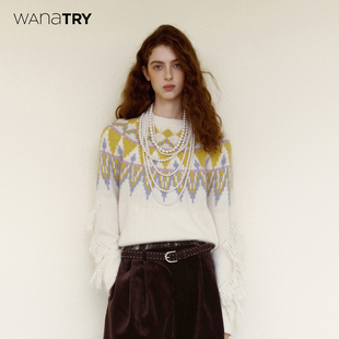 韩系休闲上衣女 新品 wana try羊毛流苏设计感费尔岛软糯毛衣25冬季
