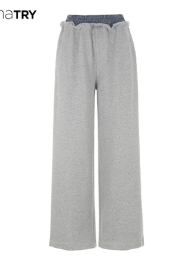 wana try纯棉假两件抽绳卫裤2025新品浅灰色休闲百搭舒适长裤女