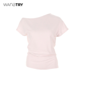 wana 女 樱花粉纯欲风休闲短袖 try软糯亲肤斜肩T恤上衣25夏季 新品