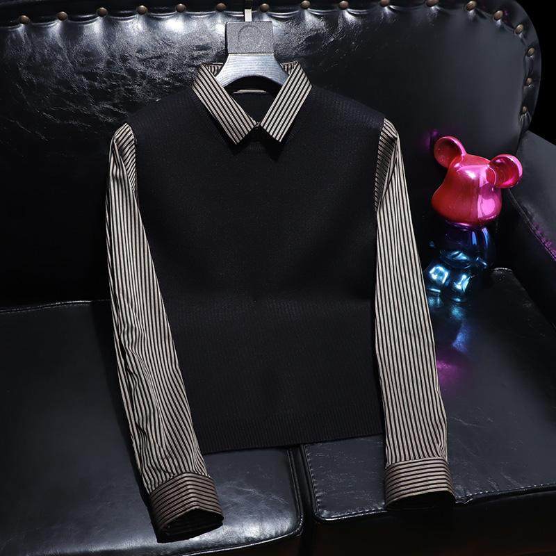 2024秋冬商务假两件针织衫条纹长袖衬衫领修身打底毛衣M019-P105，商品下架区商品下架区，电商D316