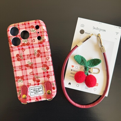 格纹樱桃适用苹果17promax菲林手机壳iPhone16全包软壳华为P80小米VIVOX300荣耀一加OPPO韩版ins风保护套好运