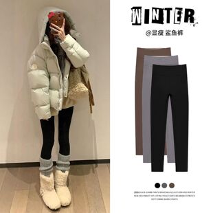 黑色加绒鲨鱼裤女外穿秋冬季加厚保暖裤紧身棉裤小个子瑜伽打底裤