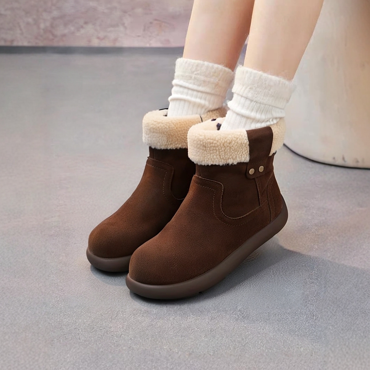 红粉知己毛绒雪地靴厚底棉鞋