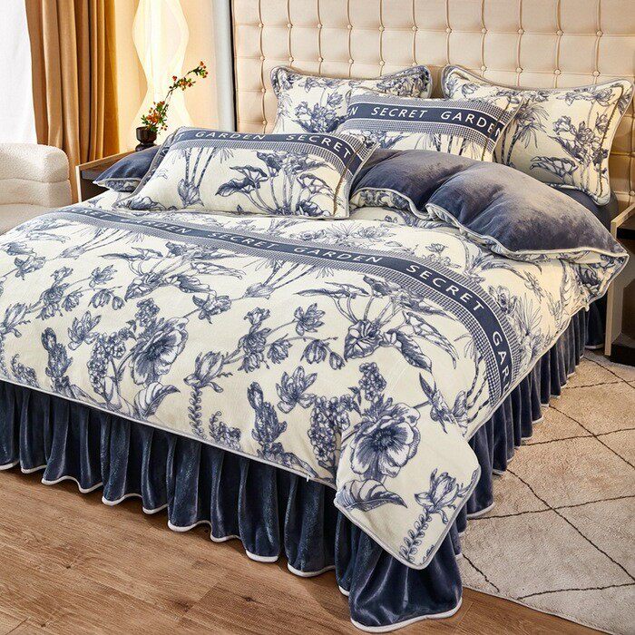 秋冬新款加厚保暖牛奶绒四件套双面加绒被套床单床裙式珊瑚绒床品