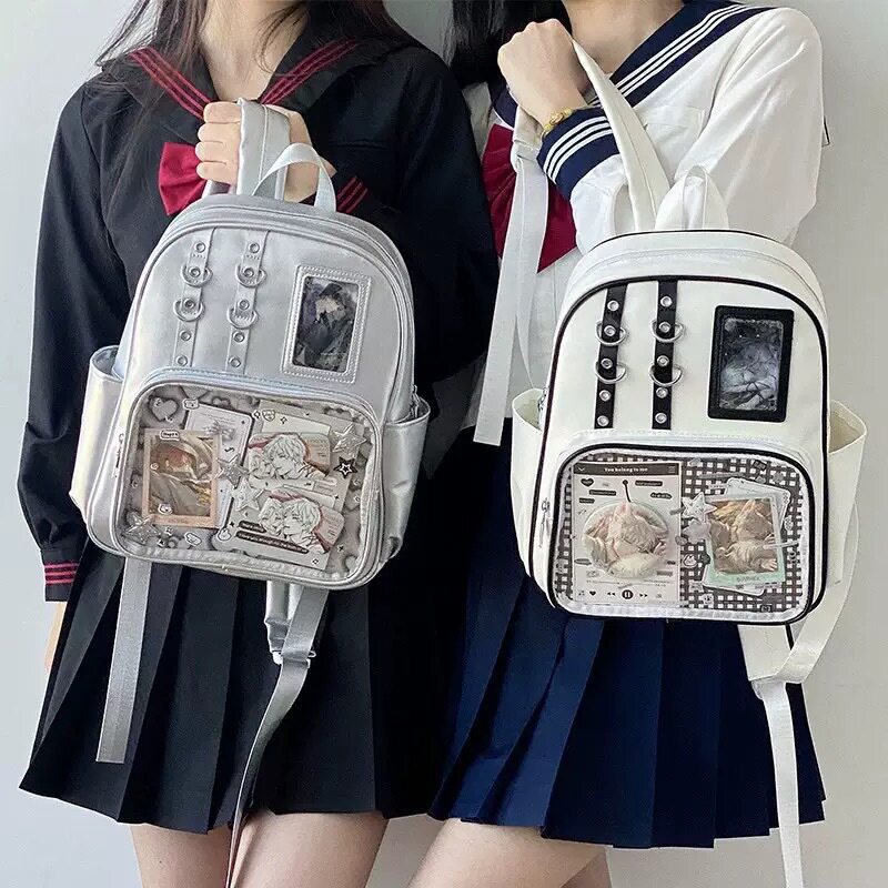 日系小众设计撞色pu双肩包包二次元大食量吧唧谷子痛包学生书包女