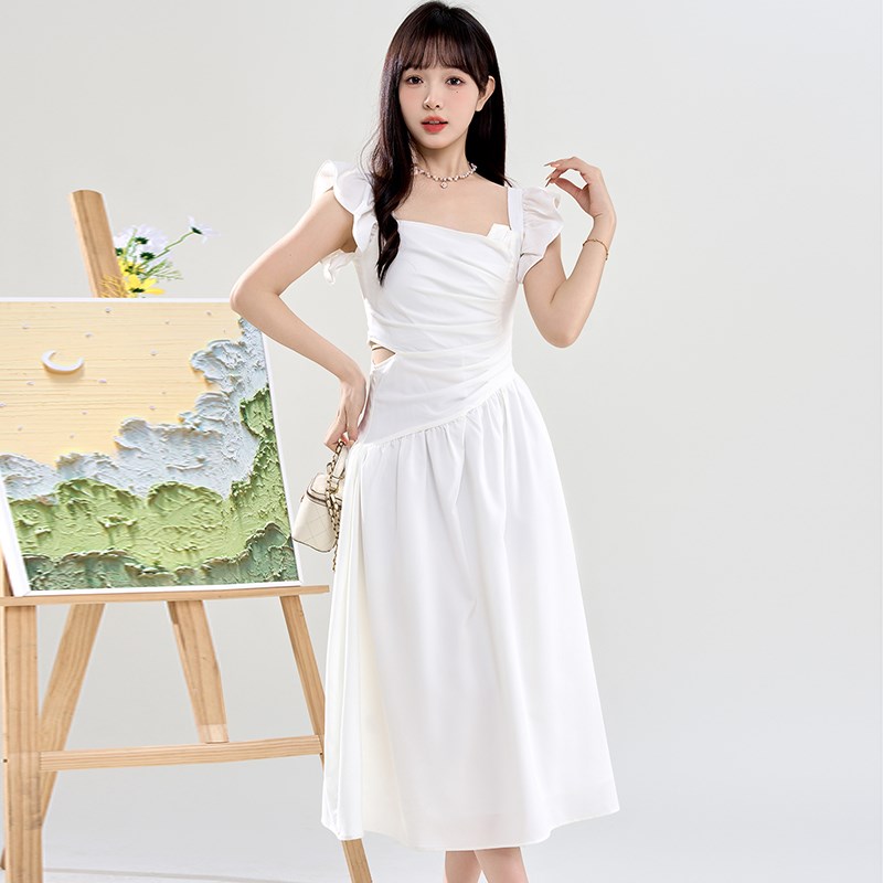 法式白色飞飞袖连衣裙女2025夏季设计感气质初恋无袖长款裙子6944