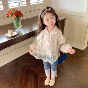 女童衬衫春秋2023新款儿童秋季时髦米色蕾丝衬衣洋气长袖秋装上衣