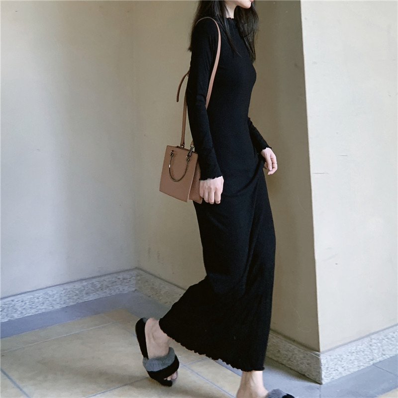 内搭小高领打底裙到脚踝 过膝超长款连衣裙 长袖包臀紧身薄针织裙