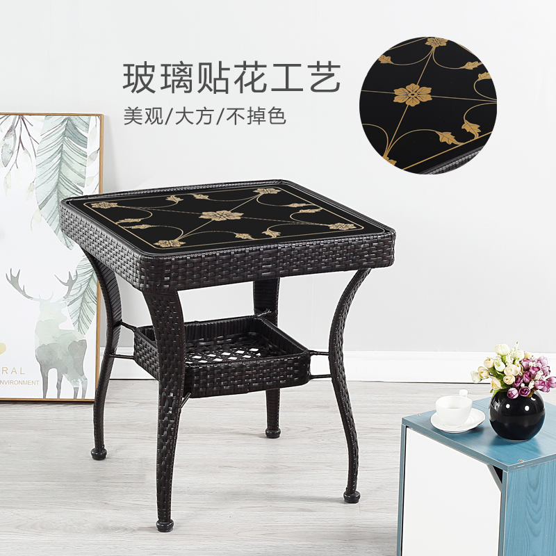 藤编小圆桌方桌子小茶桌三件套玻璃茶几欧式咖啡桌椅床头简约卧室