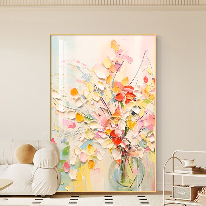 彩色抽象花卉客厅装饰画奶油风肌理感大幅落地画新款走廊过道挂画