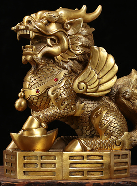 铜麒麟家居摆件一对镇宅招财麒麟踩八卦麒麟办公室客厅装饰工艺品