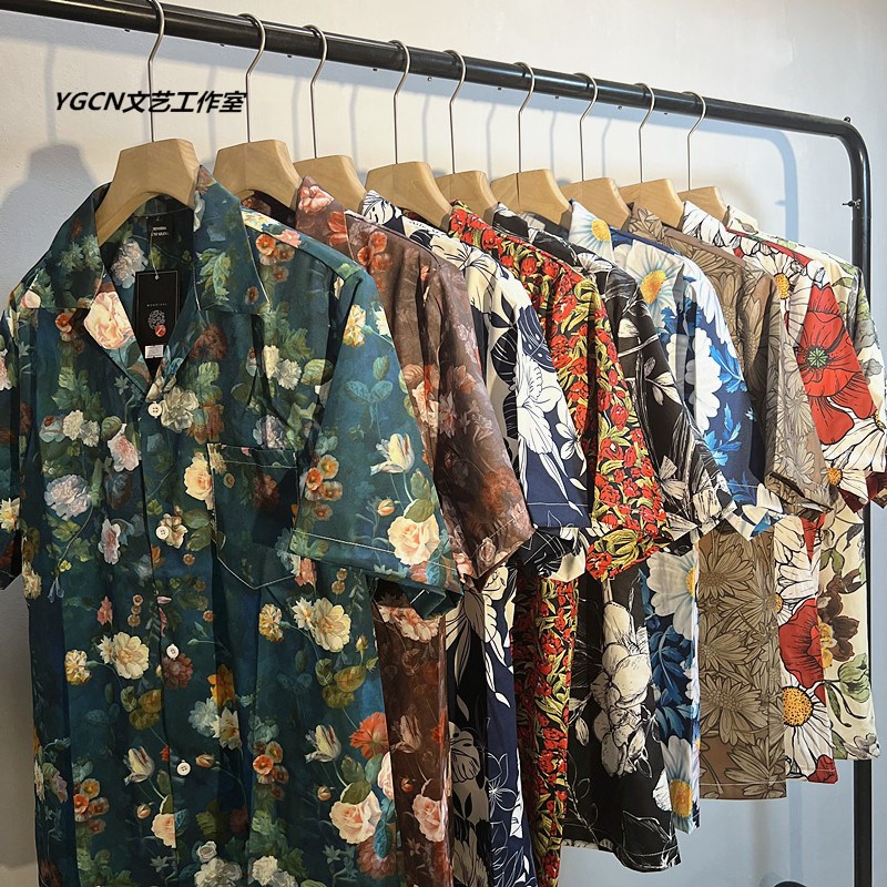 古着vintage古巴领碎花衬衫男女宽松港味夏威夷情侣沙滩短袖衬衣