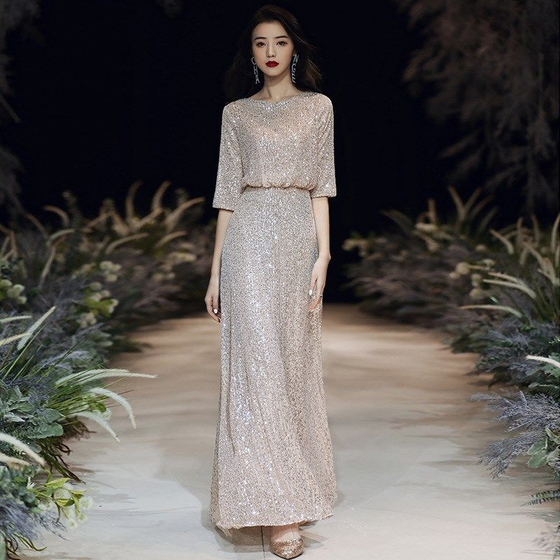 小个子中长亮片晚礼服女气质高级感主持人高腰长裙年会聚会宴会明