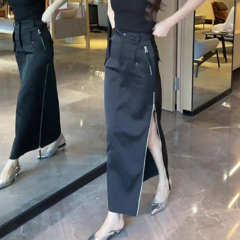 黑色开叉高级时尚设计感半身裙女2025夏季新款修身显瘦垂感包臀裙,女装/女士精品,大码半身裙,淘宝优惠券,粉丝福利购,淘宝优惠卷