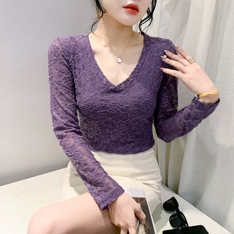 性感V领蕾丝衫女2025春装新款洋气透视长袖小衫气质修身打底衫潮