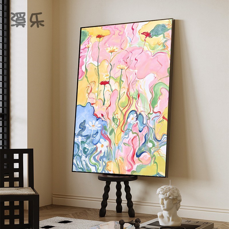 溪乐多巴胺抽象花卉装饰画非手绘油画客厅画竖版奶油风玄关挂画图片