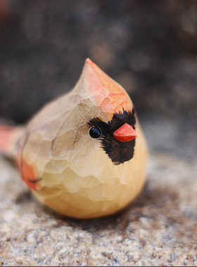 鹿妖商店 肥啾鸟木雕 北美主红雀 情侣小胖鸟 红鸟纯手工实木摆件