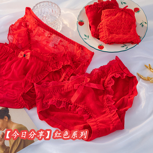 少女日系可爱甜美蕾丝花边中腰纯棉裆蝴蝶结三角裤 本命年红色内裤