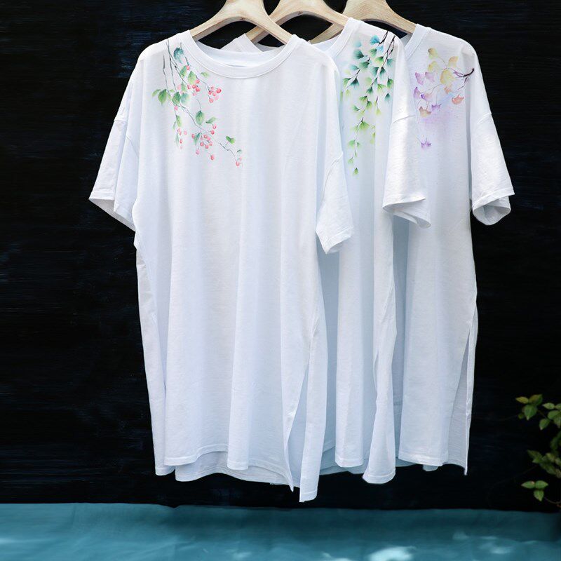 国潮中长款女宽松夏季白t恤上衣大码均码古风显瘦竹节纯棉短袖新