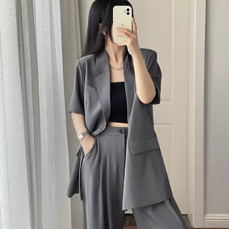 高级感大码女装胖mm西服两件套短袖小西装阔腿裤薄款套装200斤夏