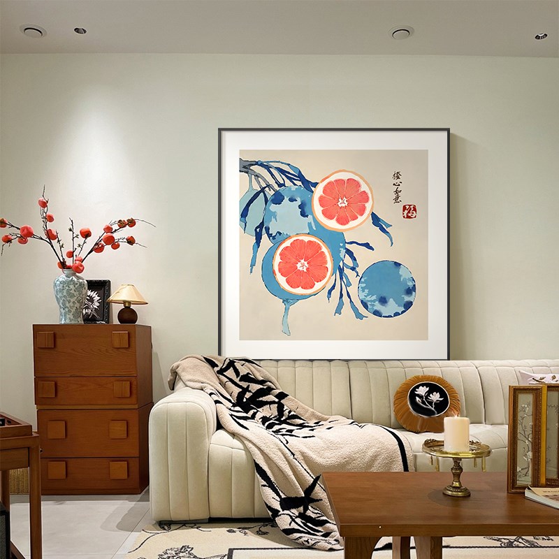 小清新橙色水果餐厅装饰画青花瓷厨房壁画正方形客厅背景墙面挂画图片