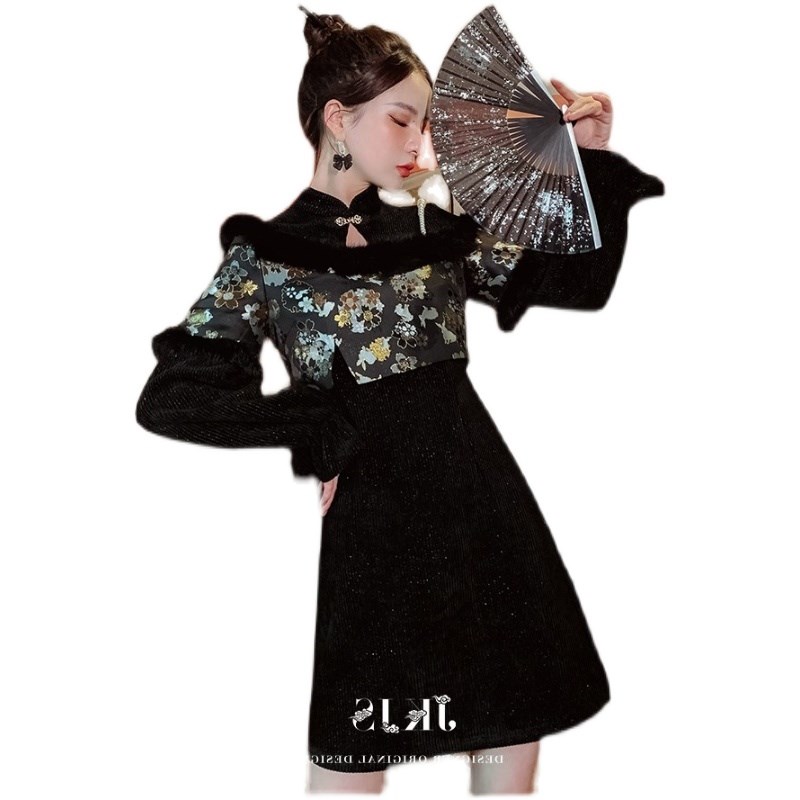 旗袍改良秋冬2023新款冬季高档加厚国风女装新中式连衣裙矮小个子