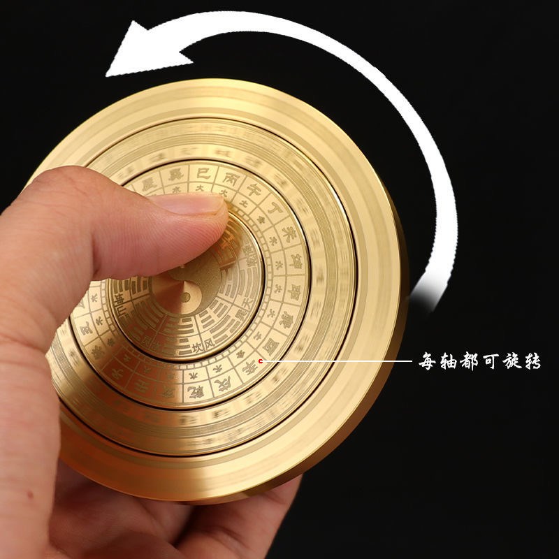 黄铜复古实心多层螺旋旋转罗盘太极八卦指尖陀螺手把件轮盘玩具大