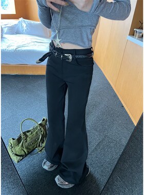 Xinlei Lin 漫画腿精480g高克重黑色微喇休闲裤长裤女秋季