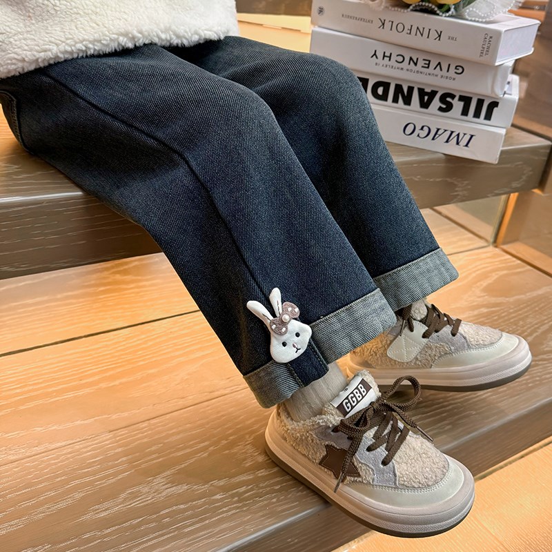 女童加绒牛仔裤冬装秋冬新款洋气儿童女孩加厚宝宝一体绒直筒裤子