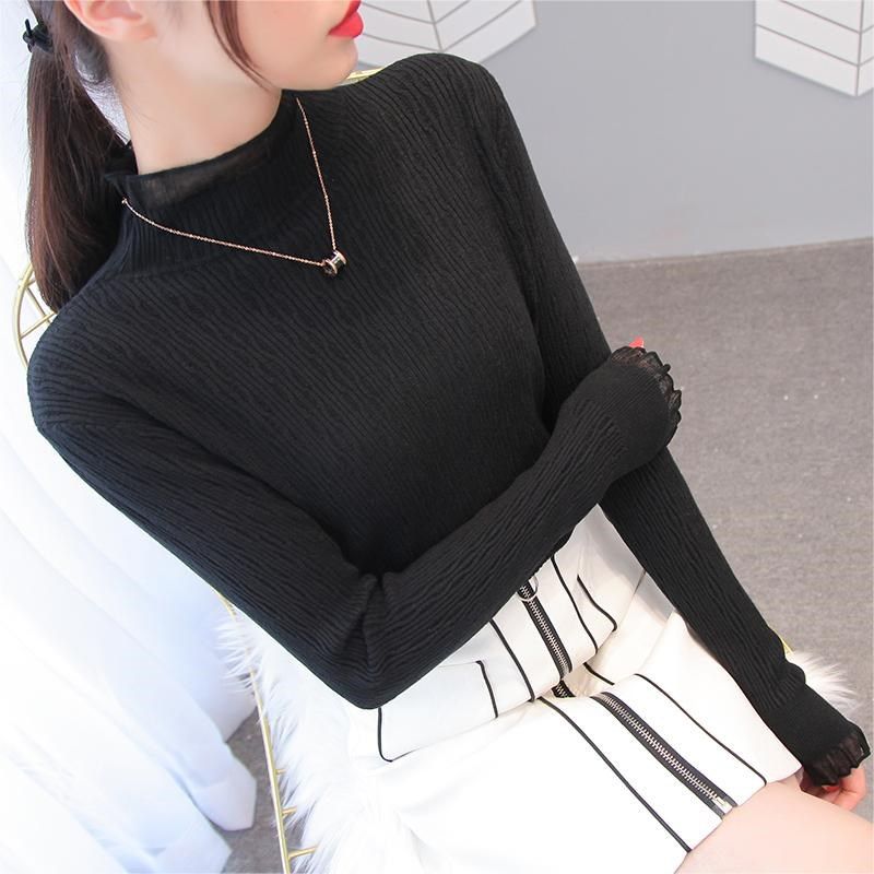 半高领蕾丝拼接针织打底衫女内搭秋冬季新款修身保暖长袖毛衣上衣,女装/女士精品,羊绒衫,淘宝优惠券,粉丝福利购,淘宝优惠卷