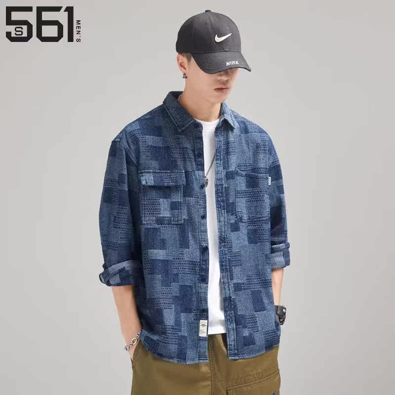 牛仔布衬衫男潮流格子标准日常牛仔布冬季长袖衬衫气质青春流行