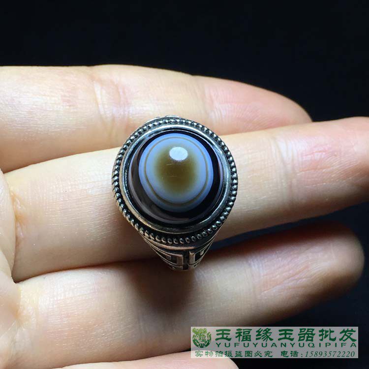 缠丝玛瑙一线药师天眼羊眼 八卦天珠藏银镶嵌戒指男女指环