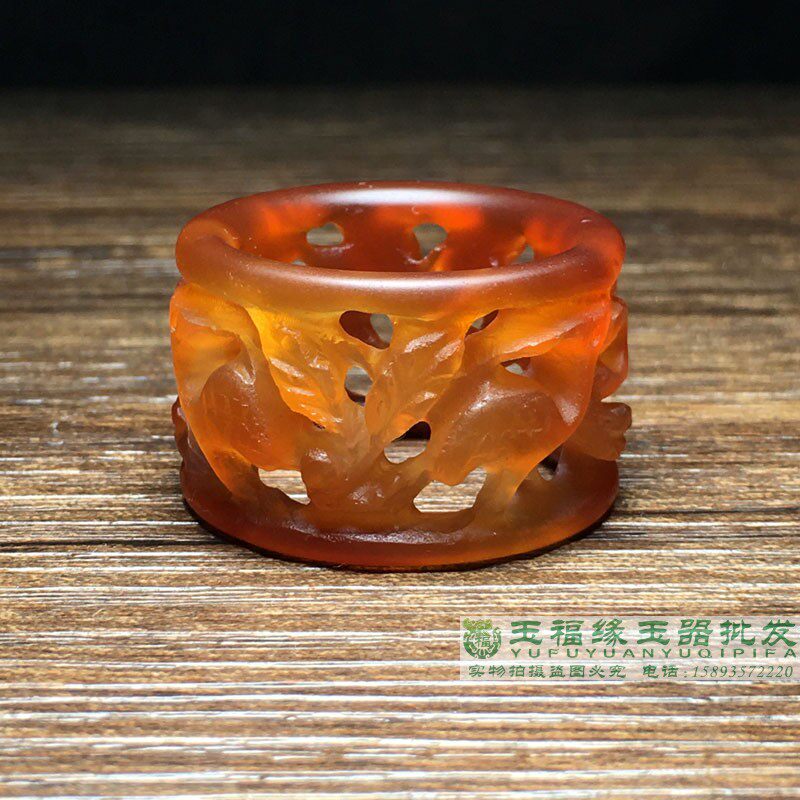 老玛瑙镂空雕刻画鸟纹红玉髓扳指老玉古玉戒指古玩玉器古董收藏
