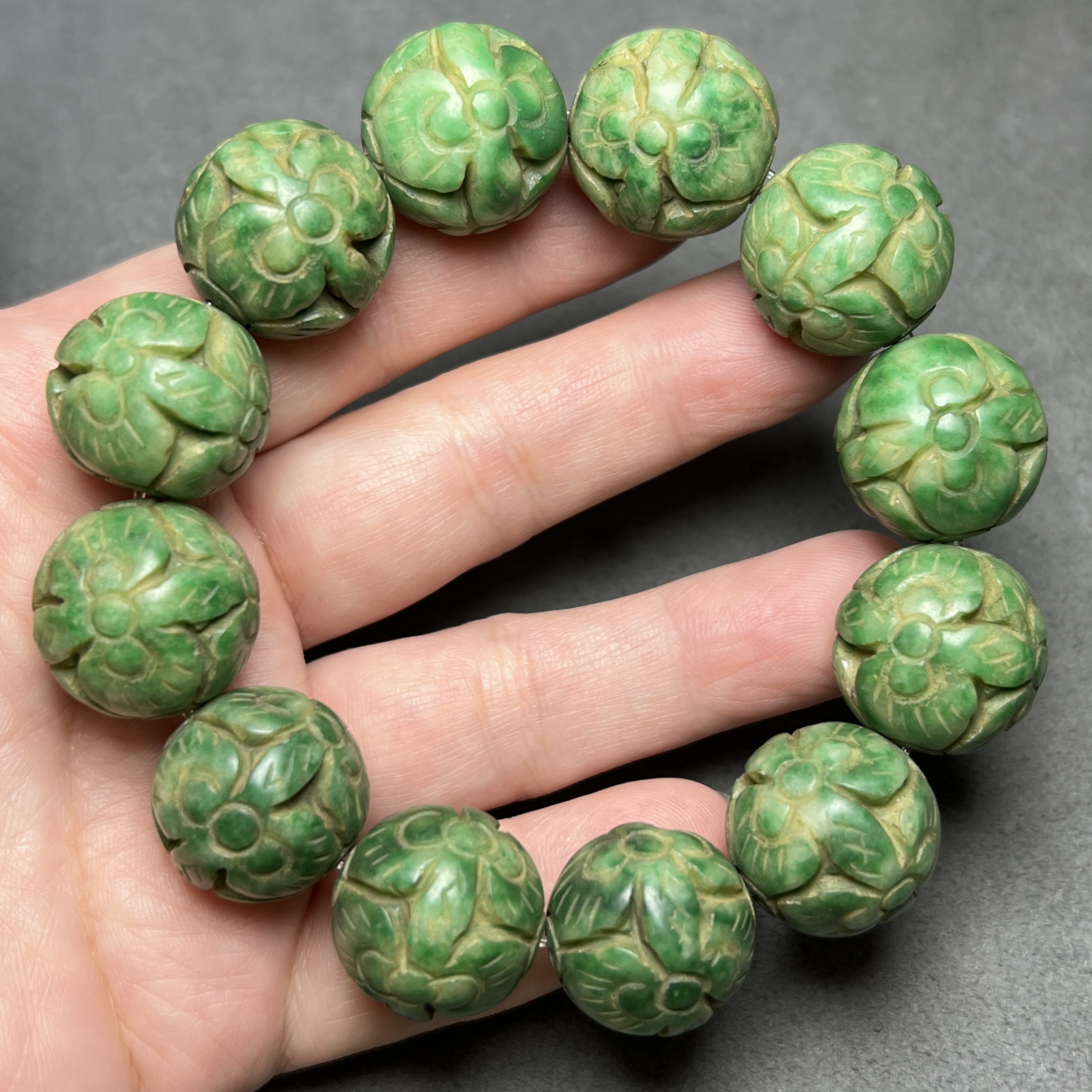 古玩收藏仿古翡翠珠子手工雕干青手串大孔道老珠子巴山翠玉石手链