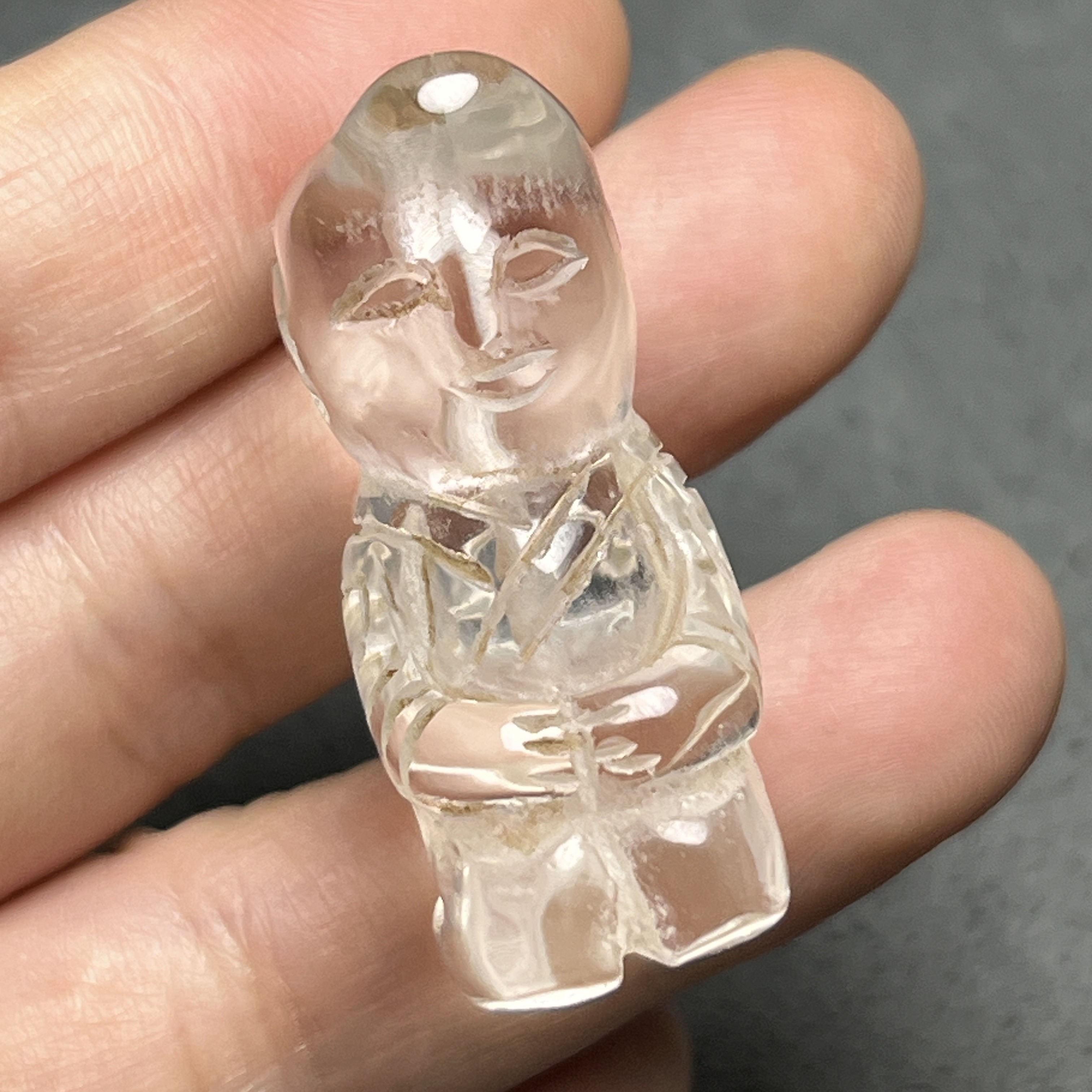 古玩收藏尼泊尔老料天然白水晶人物玉贵人通孔挂件吊坠文玩配饰